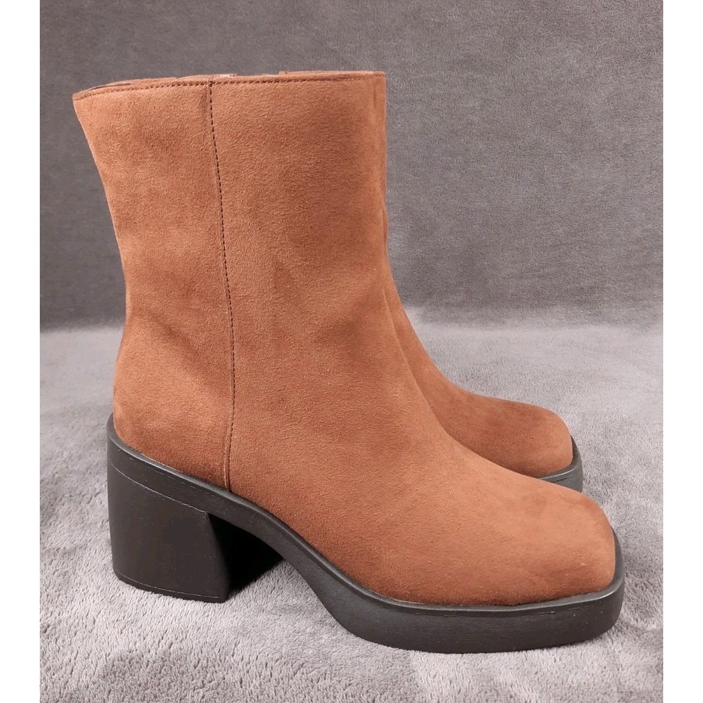 SUN STONE Womens TIANNAA Faux Suede Square Toe Booties | Brown | 9 Medium